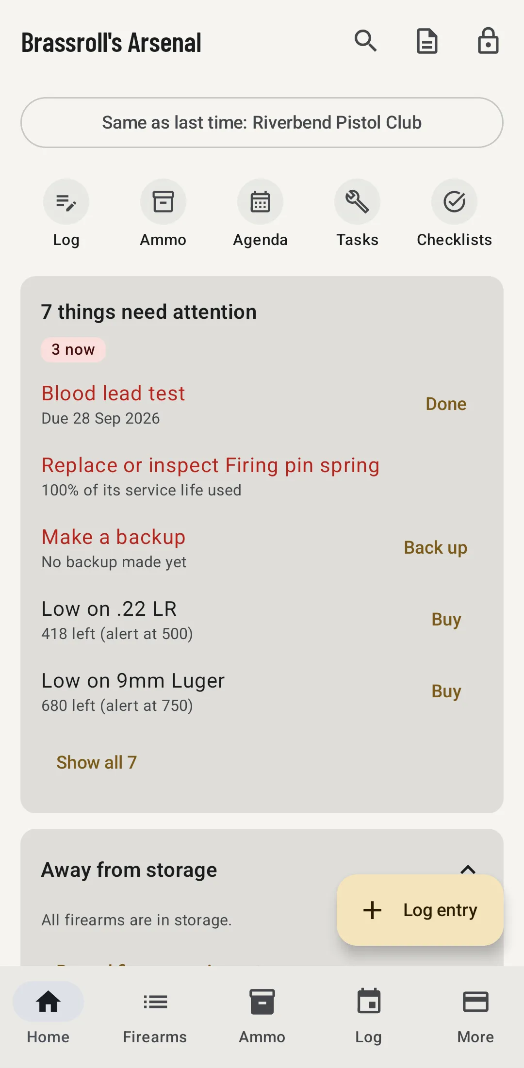 The home screen: quick actions and the things that need attention, such as a health check due and low ammunition