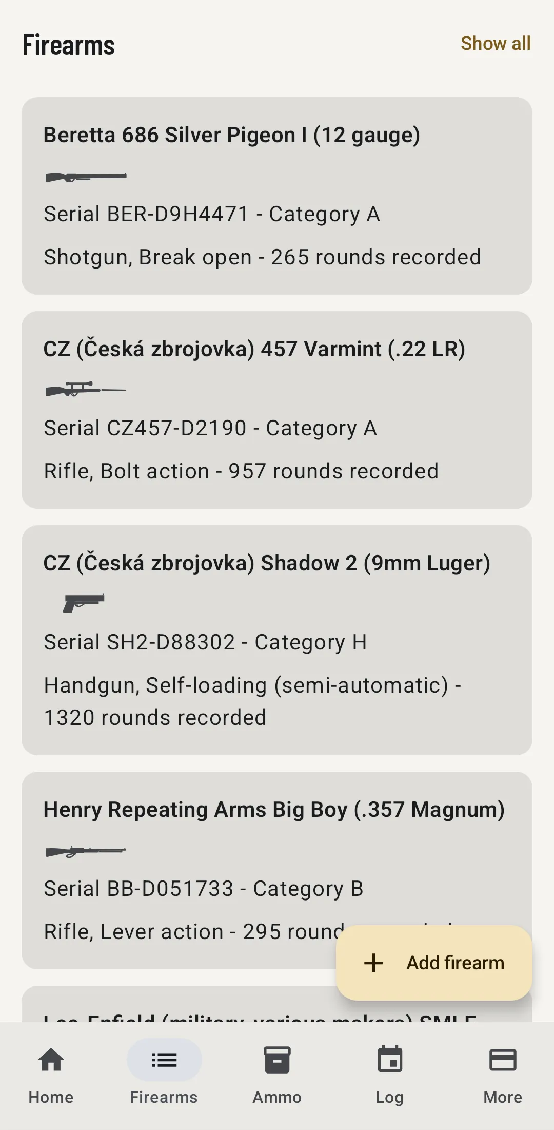 The firearms list with each firearm's picture, serial number, category and rounds recorded