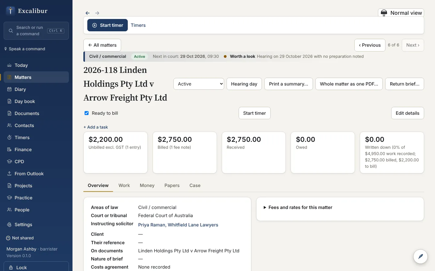 A matter's overview with unbilled, billed, received and owing totals