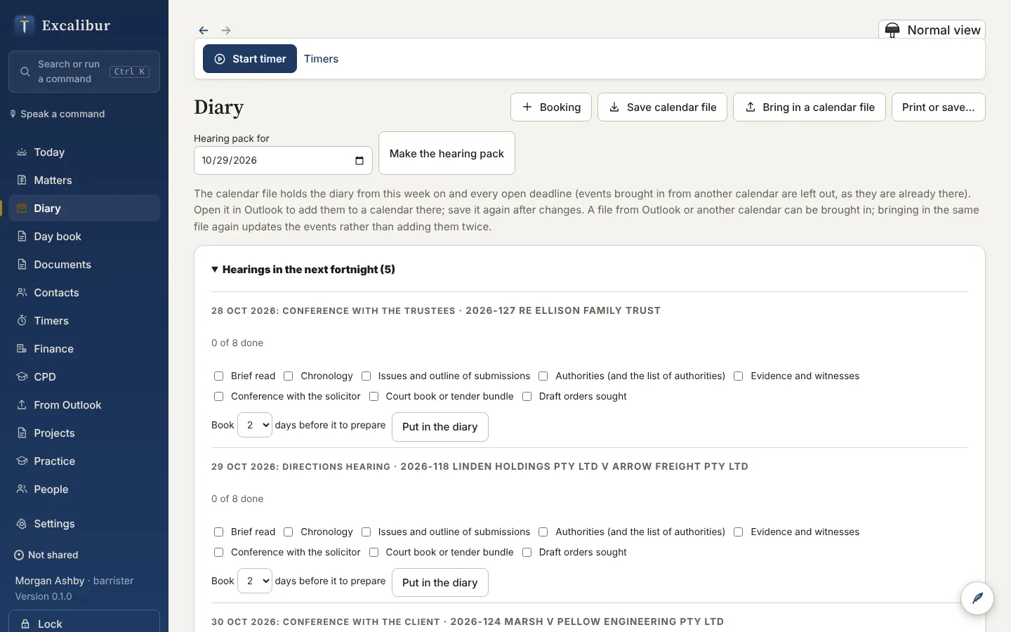 The diary with the coming fortnight's hearings and a preparation checklist for each